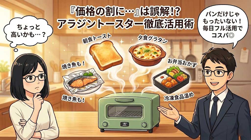ALT属性:
アラジントースターは高い？価格の割に使える徹底活用術。トースト、グラタン、焼き魚、弁当、冷凍食品など毎日の料理でコスパが良い理由を解説するイラスト。