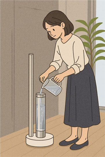 女性が床に置いたカドー加湿器に立ったまま水を注いでいる様子。タンクを外さず簡単に給水できる。