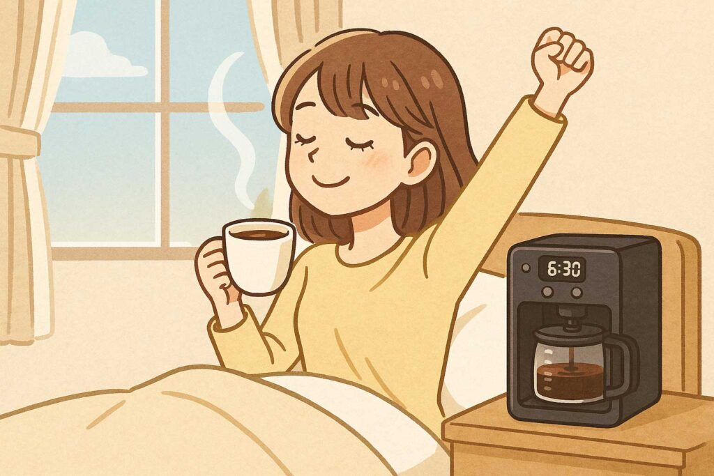 朝、タイマー予約でコーヒーの香りに包まれて目覚める女性のイラスト