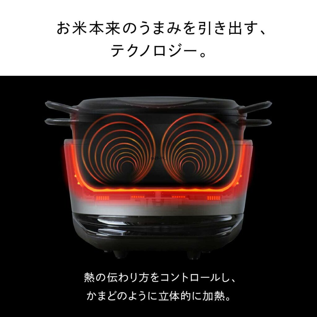 バーミキュラ炊飯器のIH加熱構造でお米を立体的に加熱する様子