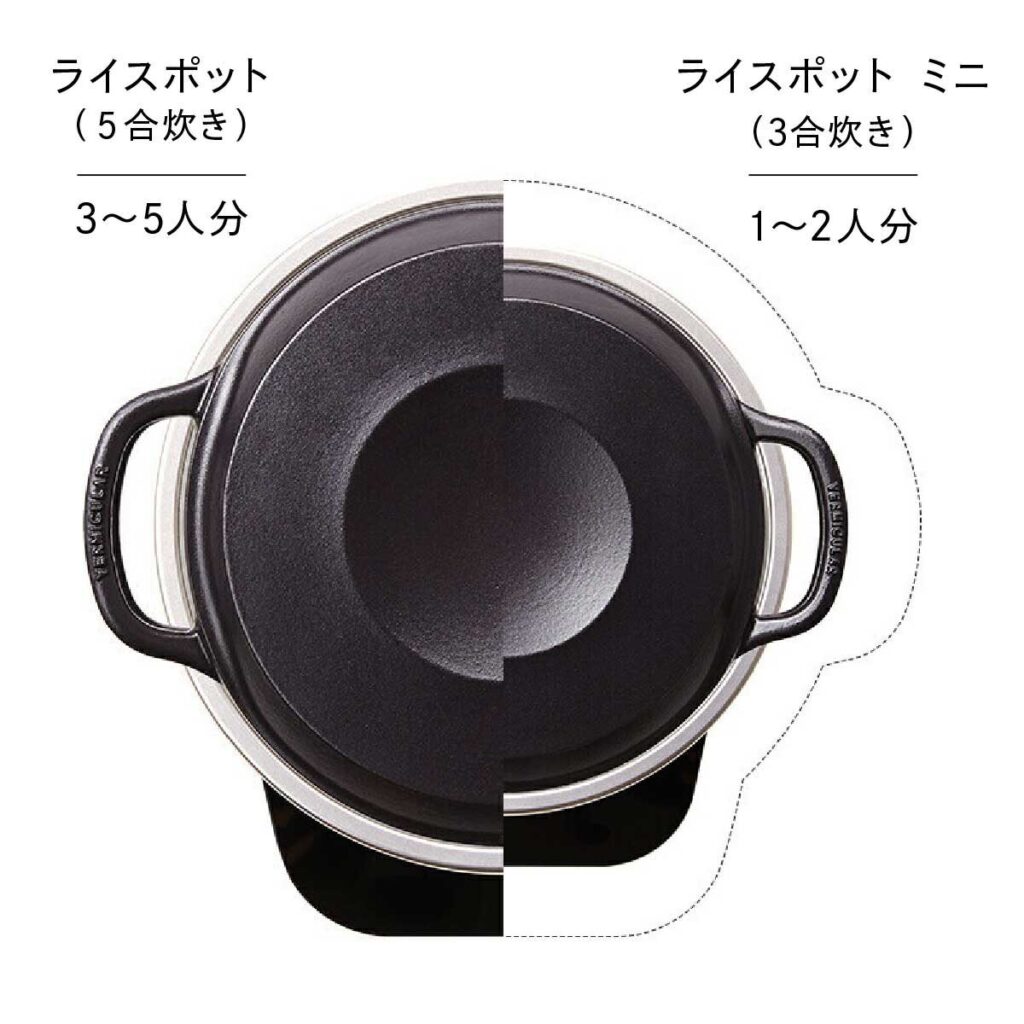バーミキュラ ライスポット5合炊きとミニ3合炊きのサイズ比較