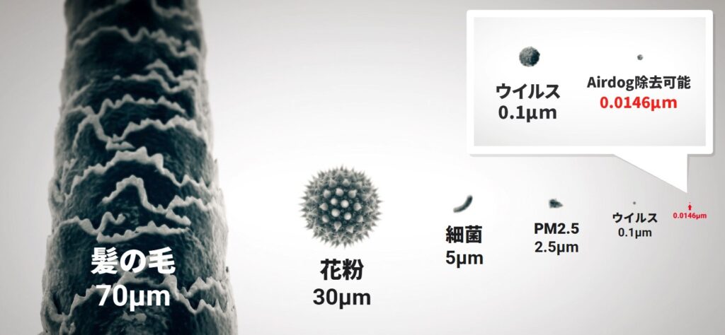 髪の毛や花粉、細菌、PM2.5、ウイルスとAirdogが除去できる粒子サイズを比較した図。
