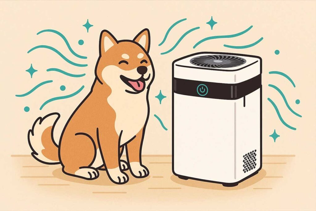 犬がエアドッグの横で気持ちよさそうに座っているイラスト。浄化された空気に囲まれている様子。