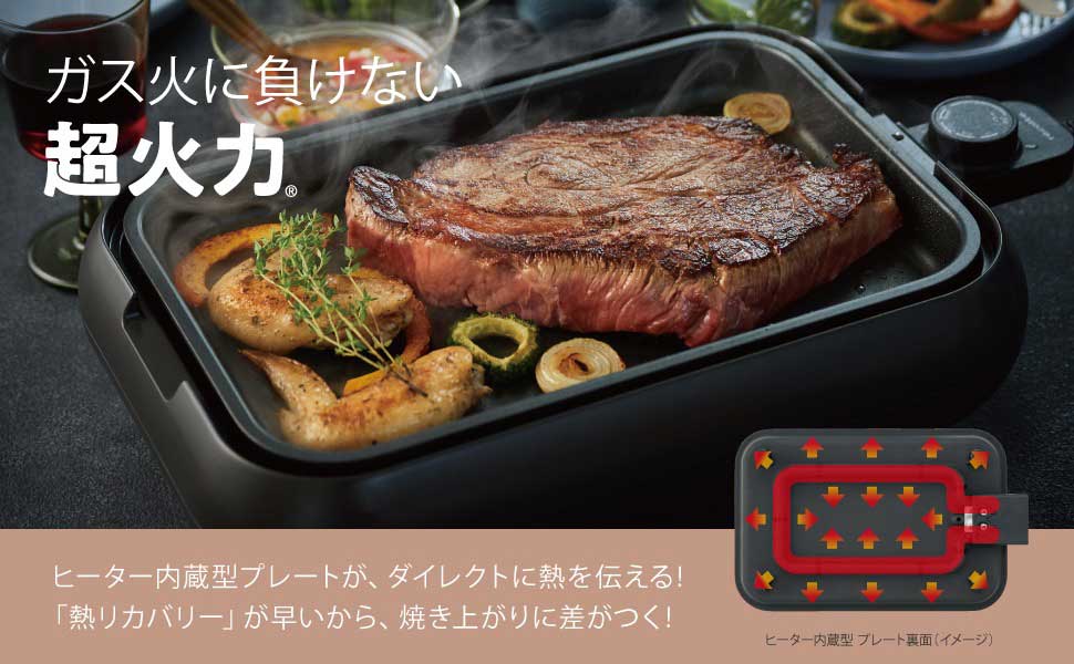 レコルトホットプレートで厚切りステーキを強火で焼いている様子
