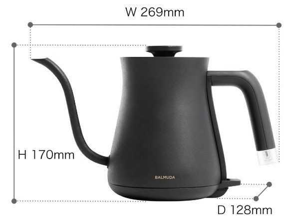 バルミューダ ザ・ポットのサイズイメージ。幅269mm・奥行128mm・高さ170mmとコンパクト設計。