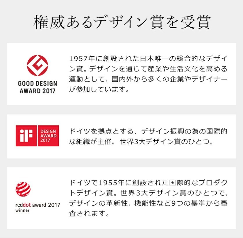 バルミューダ製品が受賞したデザイン賞一覧。グッドデザイン賞・iFデザイン賞・レッドドットデザイン賞を受賞している。