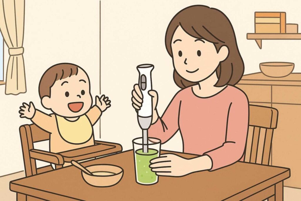 母親が食卓でコードレスハンドブレンダーを使い、子どもが喜んでいる様子のイラスト