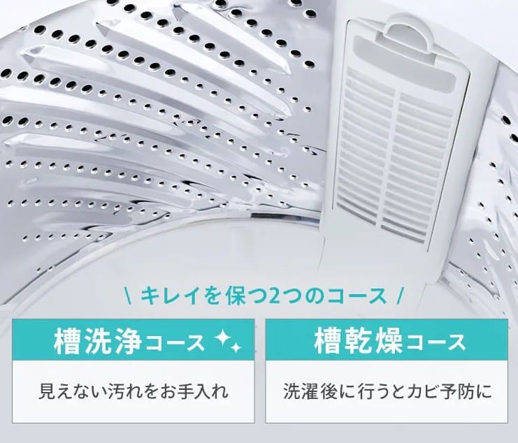 アイリスオーヤマ洗濯機の槽洗浄コース・槽乾燥コースの説明画像。洗濯槽を清潔に保つ2つの機能を紹介。