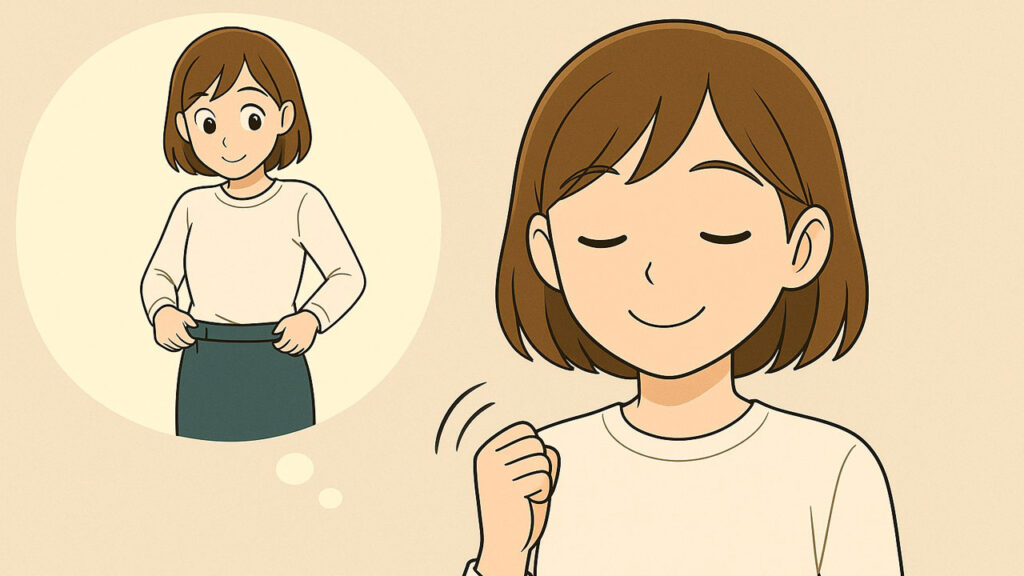 スカートがゆるくなって喜ぶサエのイラスト