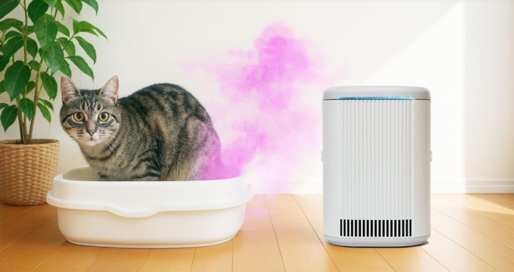 猫のトイレから立ち上るニオイをブルーデオS にゃんこモデルが吸い込み、脱臭しているイメージ。室内が清潔に保たれている様子。