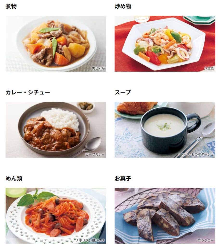 ホットクックで作れる多彩な自動メニュー。煮物、炒め物、カレー、スープ、めん類、お菓子などの料理例。