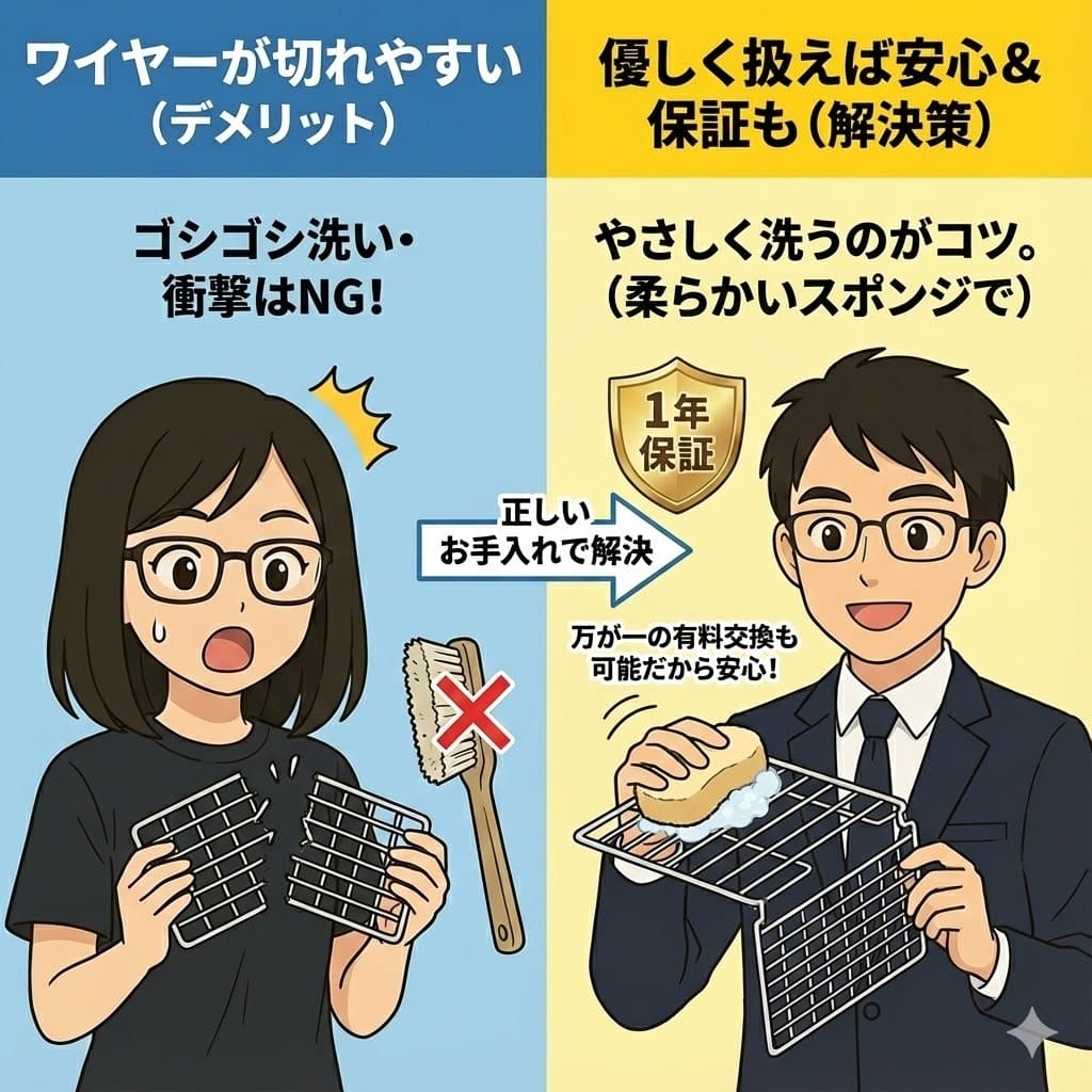 エアドッグのワイヤーフレームが切れやすいデメリットと、優しく洗うコツや1年保証による解決策を対比した図解イラスト。