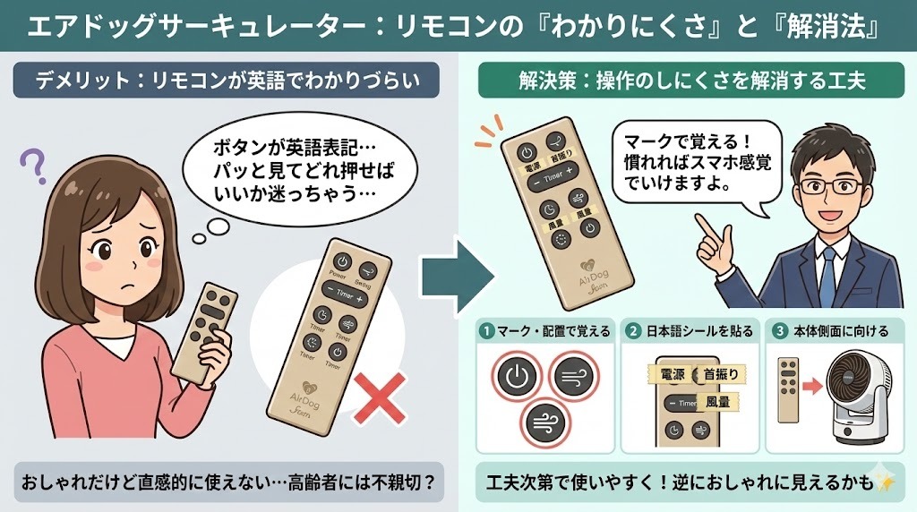 英語表記で分かりにくいAirdogリモコン。マークやマステで工夫し、反応しづらい時は側面から操作する解決策の図解。