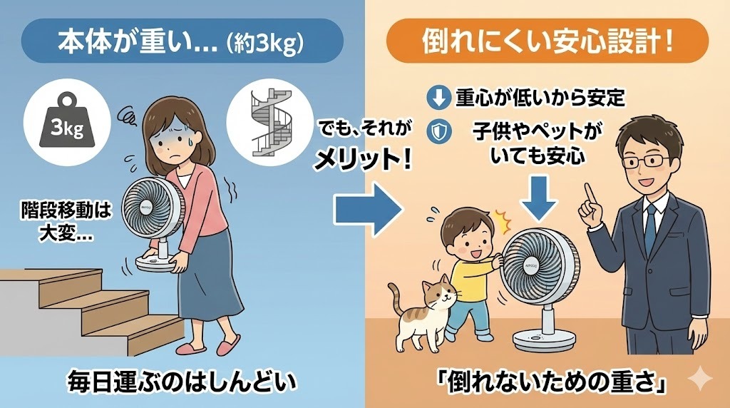 エアドッグサーキュレーターは重いが、重心が低く子供やペットがいても倒れにくい安心設計。