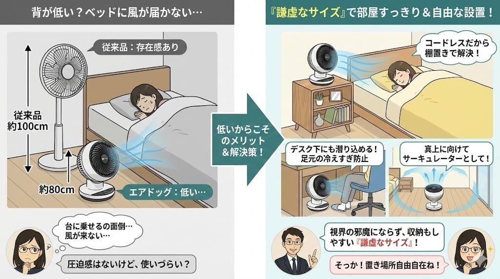背が低いエアドッグ扇風機。ベッドに届かない悩みを棚置きなどで解決し、部屋もすっきり。