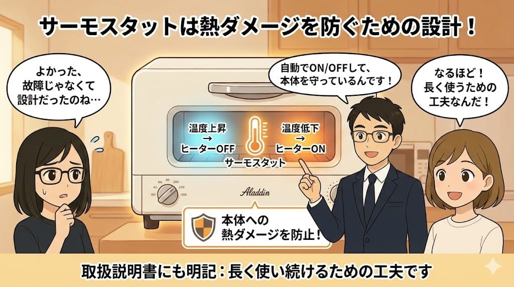 アラジントースターのサーモスタット機能が本体への熱ダメージを防ぎ、長く使える理由を解説するイラスト。
