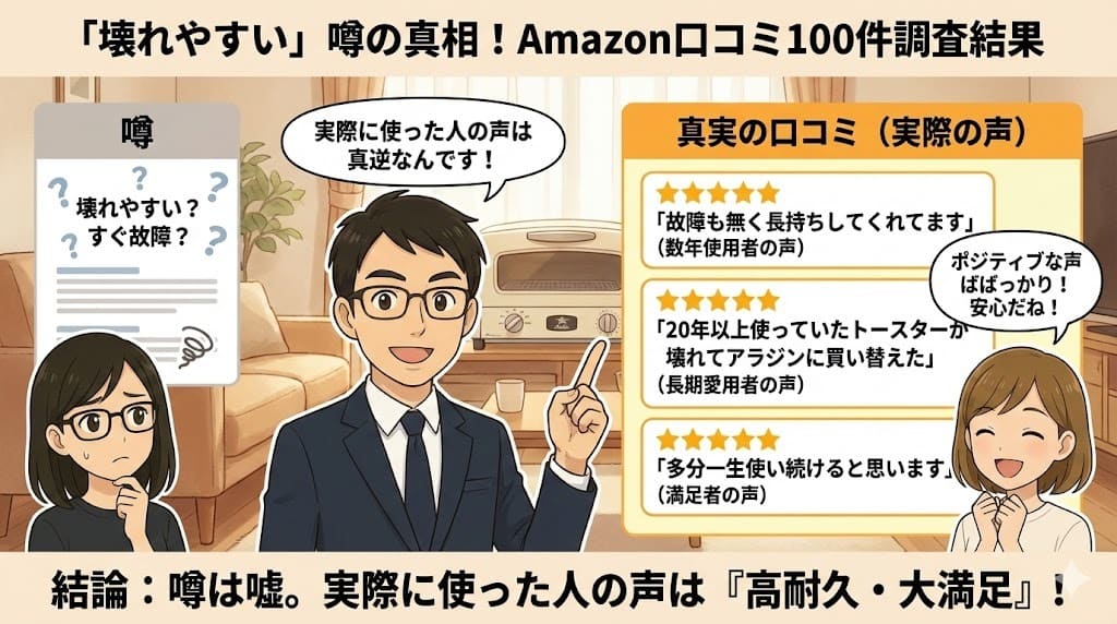 アラジントースターのAmazon口コミ100件調査の結果、実際のユーザー声は「長持ち」「長期愛用」など、壊れやすいという噂とは真逆であることを示すイラスト。