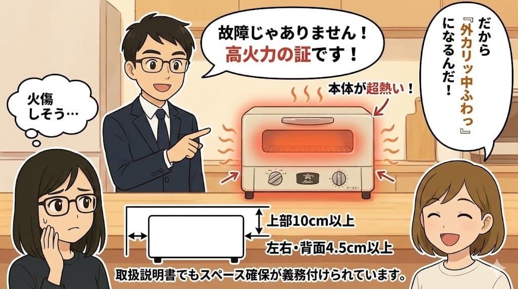 アラジントースターの本体が熱くなるのは高火力の証明で故障ではないことを解説するイラスト。