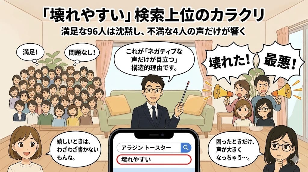 満足している大多数の声は届かず、少数の不満の声だけが「壊れやすい」という検索結果として目立ってしまう構造を解説するイラスト。