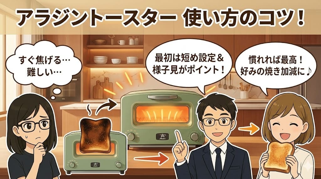 アラジントースターの使い方コツ。焦げを防ぐには最初は短め設定で様子を見るのがポイント。慣れれば好みの焼き加減に。
