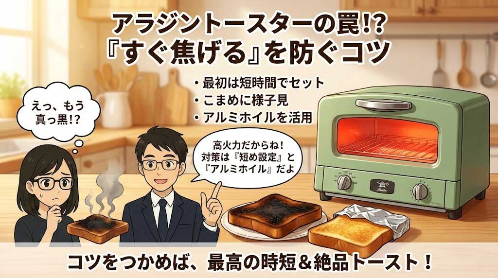 アラジントースターは焦げやすい？ハスミとイツキが対策（短時間設定、アルミホイル）を解説。失敗と成功のトースト例も。