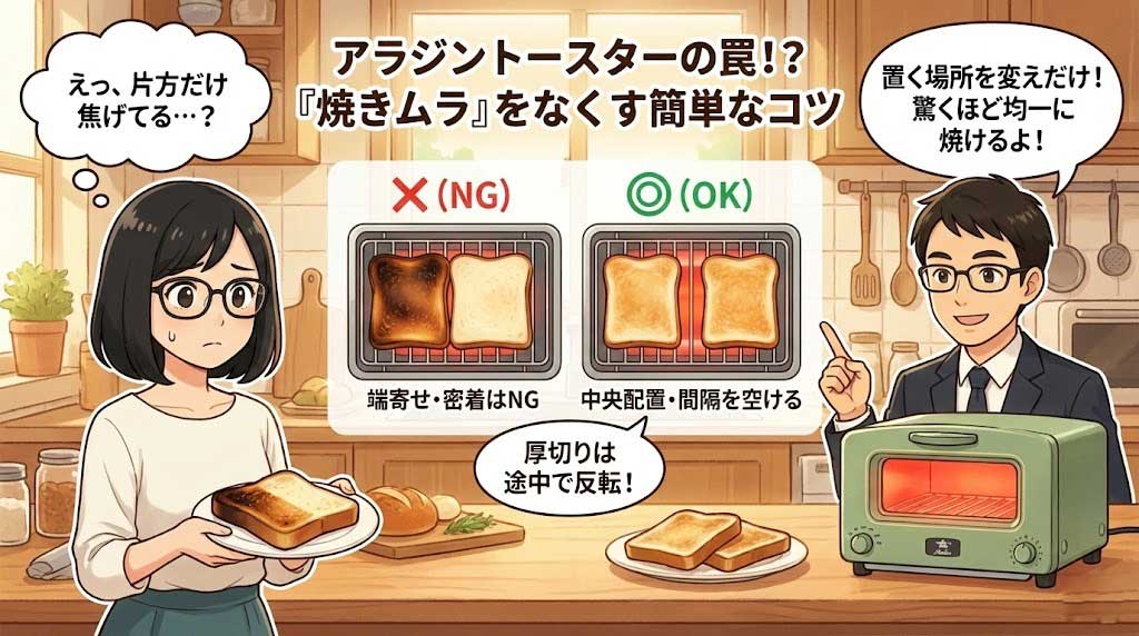 アラジントースターで焼きムラを防ぐコツを解説するイラスト。ハスミが片方焦げたトーストに困惑する中、イツキがトーストを網の中央に置き、間隔を空ける正しい配置方法を図解で指導。「厚切りは途中で反転」というアドバイスと共に、NG例とOK例の比較で均一に焼ける様子が示されている。