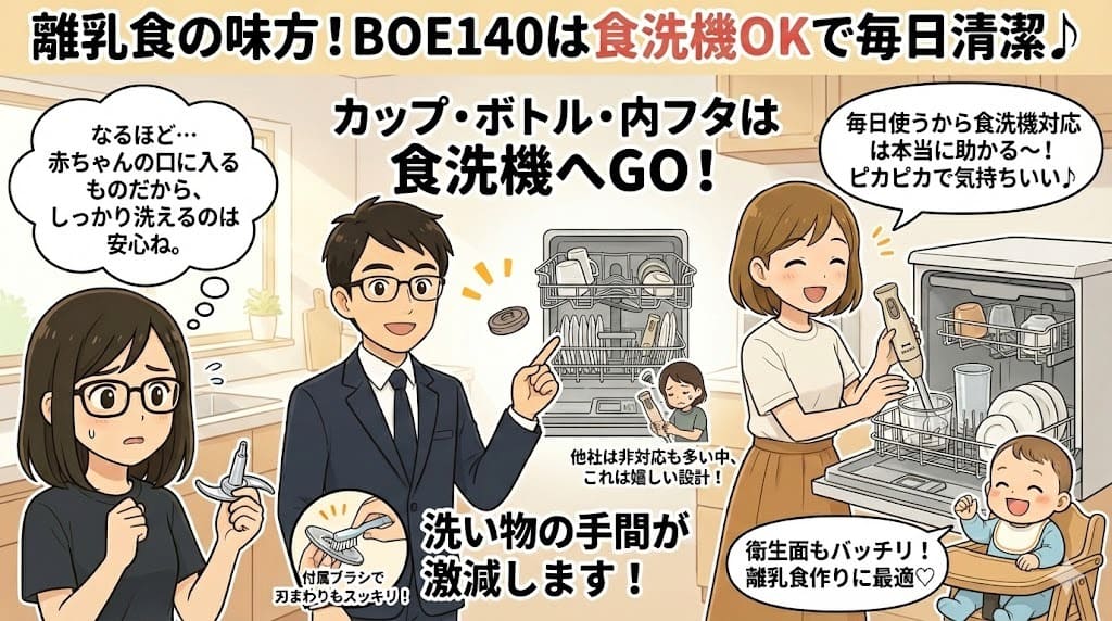 ブルーノブレンダーBOE140 食洗機対応パーツ(カップ・ボトル・内フタ)と衛生メリット イラスト