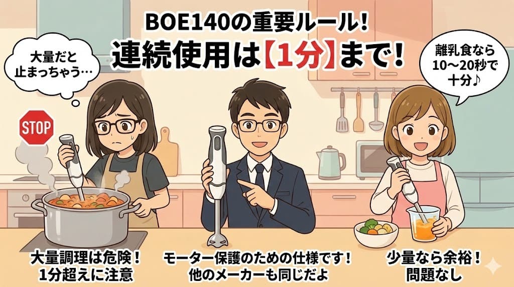 ブルーノブレンダーBOE140 連続1分ルール 離乳食と大量調理の比較イラスト