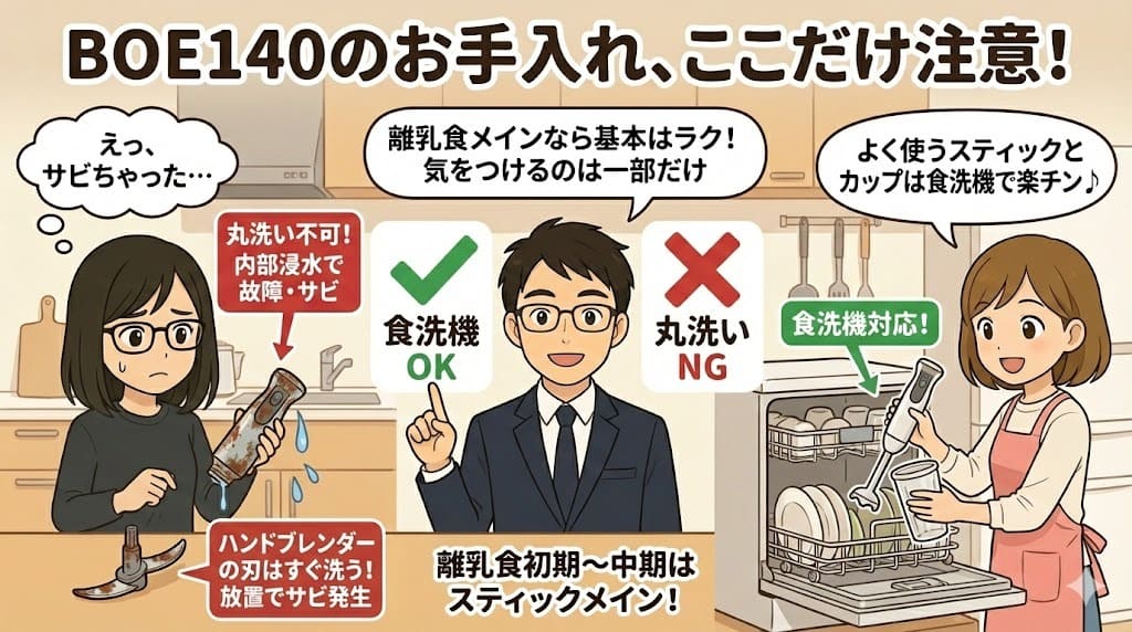 ブルーノブレンダーBOE140 お手入れ注意点 ボトルカバー・チョッパーブレードと食洗機対応パーツ イラスト