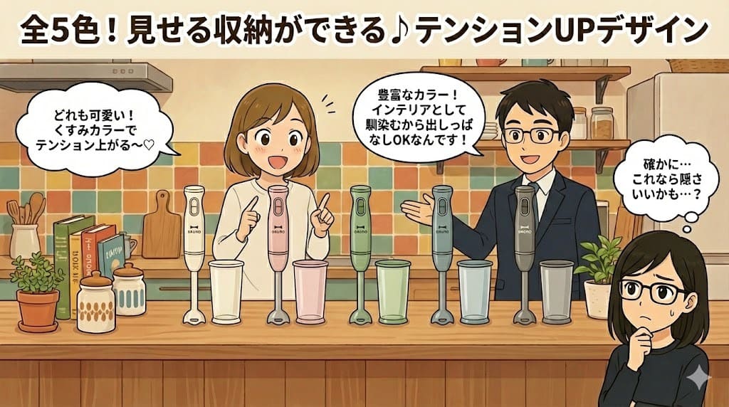 ブルーノブレンダーBOE140 豊富なカラーバリエーションと見せる収納 キッチンインテリア イラスト