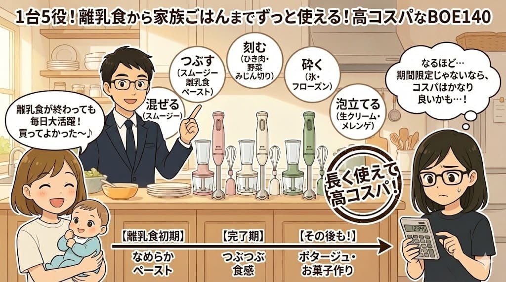 ブルーノブレンダーBOE140 1台5役 離乳食から家族の料理まで高コスパ イラスト