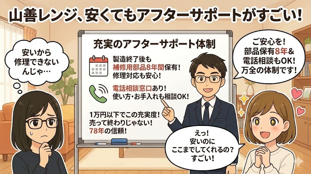 山善電子レンジのアフターサポートの充実ぶりをイツキが解説。製造終了後8年間の部品保有