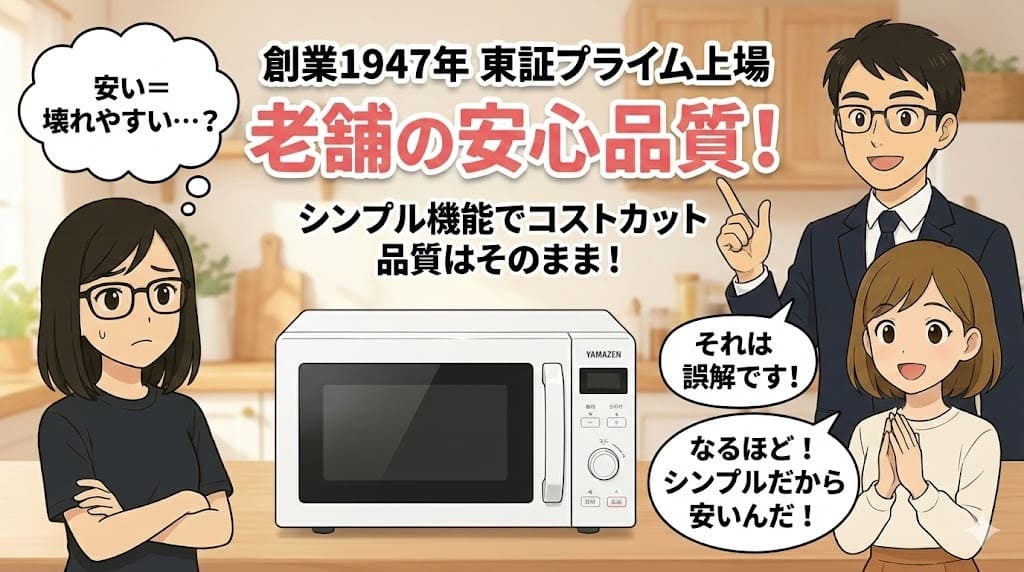 山善電子レンジの安さの理由を解説するイツキと、納得するサエ、まだ少し不安げなハスミの3人が描かれたイラスト