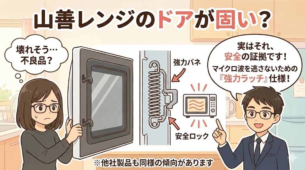 山善電子レンジのドアが固い理由をイツキがハスミに解説するイラスト。安全対策の強力ラッチ仕様であることを図解。