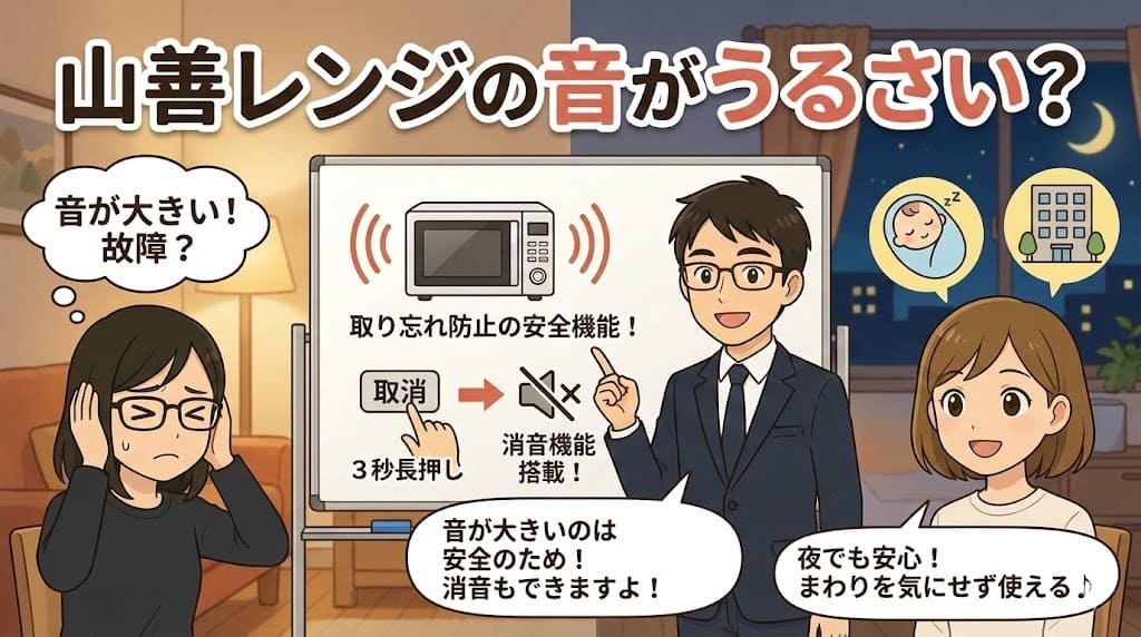 山善電子レンジのブザー音が大きい理由と消音機能を3人のキャラクターが解説。取り忘れ防止の安全機能であり、取消ボタン長押しで音をオフにできるメリットを図解。