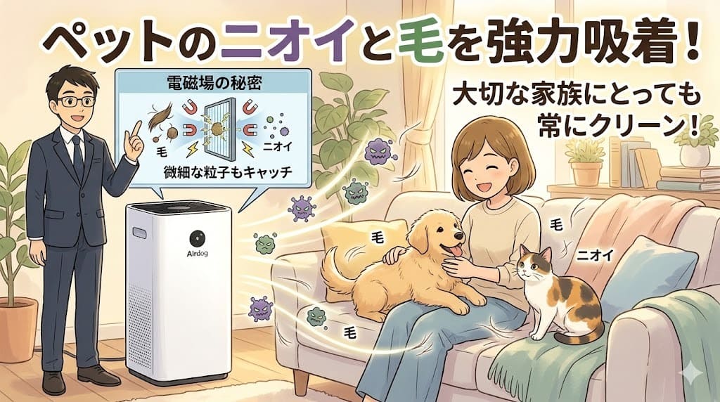 ペットのニオイと毛を電磁場で強力吸着！エアドッグで常にクリーンな環境。