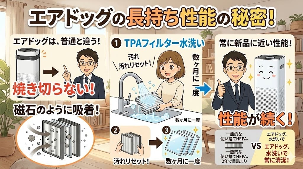 エアドッグの磁石集塵と水洗いフィルターの仕組み。