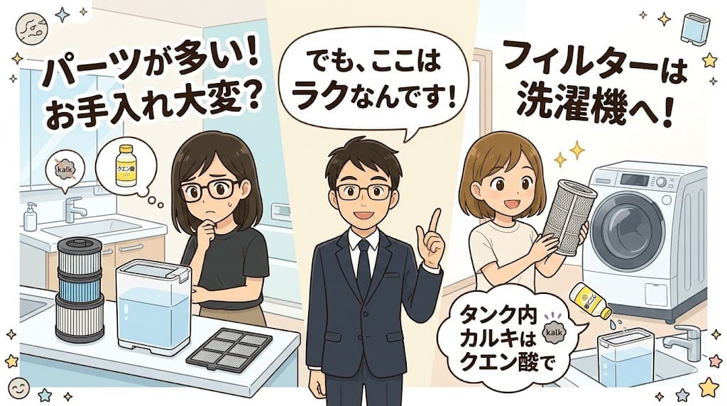 エアドッグモイのお手入れ、フィルター丸洗いでラク。タンク内はカルキ対策。