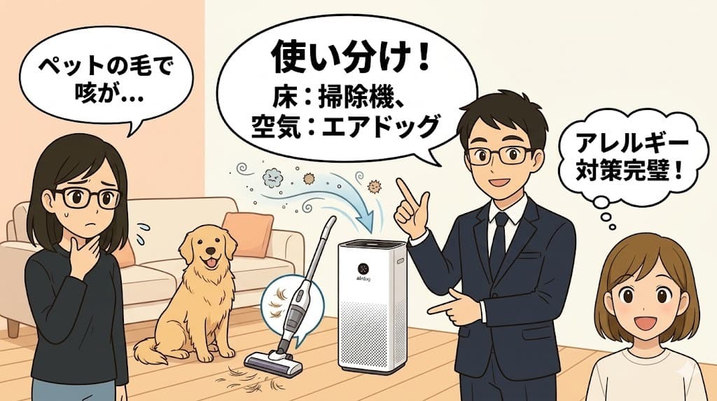 エアドッグと掃除機の使い分けでペット毛アレルゲン対策解説