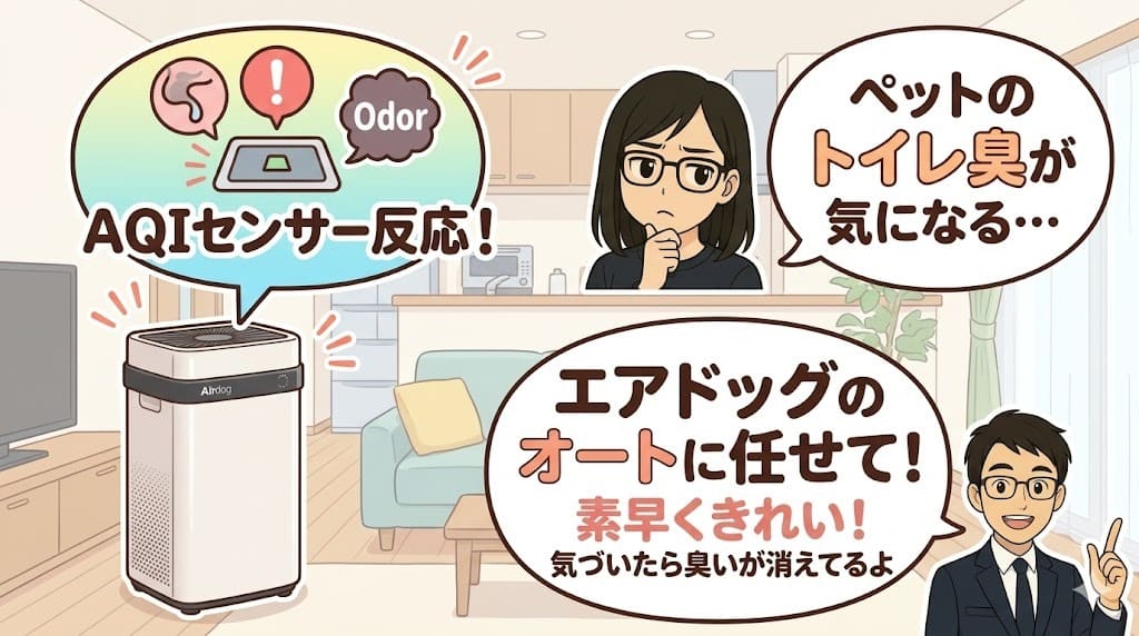 エアドッグのオートモードとAQIセンサーでペット臭を自動消臭