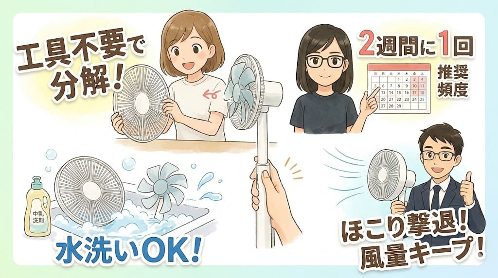 バルミューダGreenFanのお手入れ方法。工具不要で分解、水洗い可能。2週間に1回推奨。