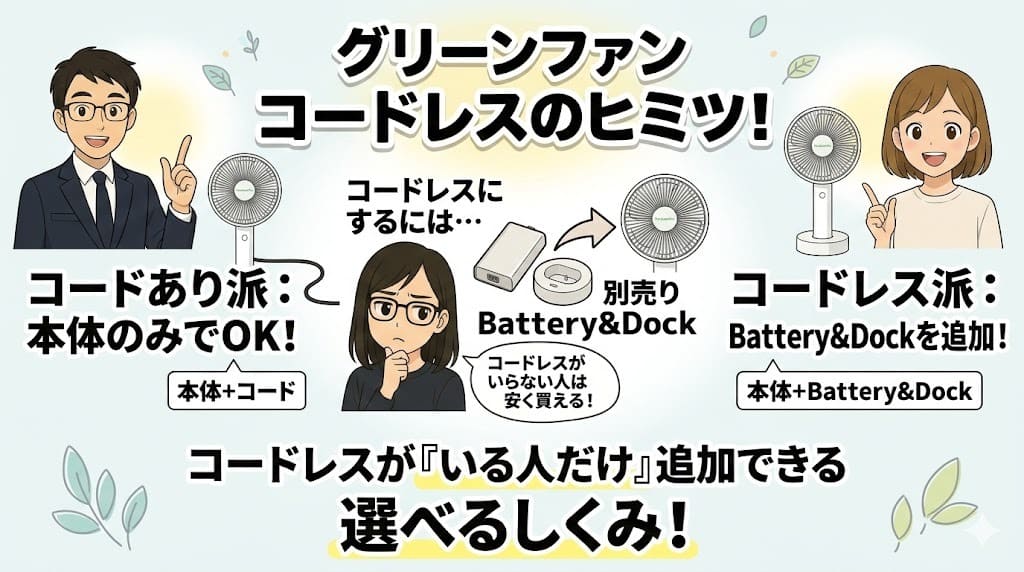 バルミューダGreenFan、コードレスは別売り。選べる仕組みを解説。