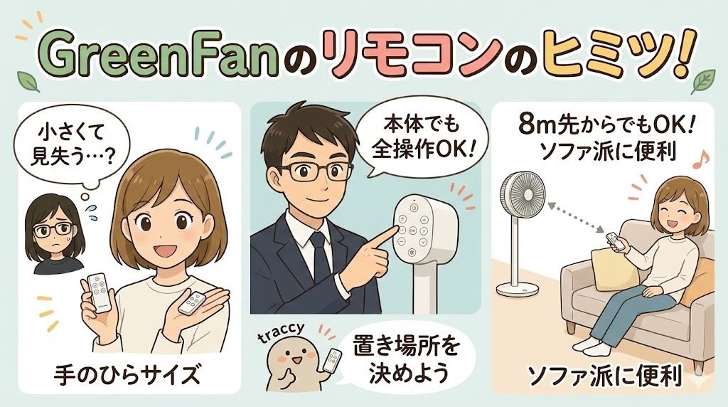 バルミューダGreenFanのリモコン。小さくて紛失注意だが、本体操作もOK。
