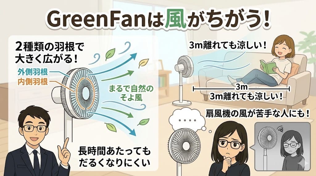 バルミューダ GreenFanの2種類の羽根が作る、長時間あててもだるくない自然な風