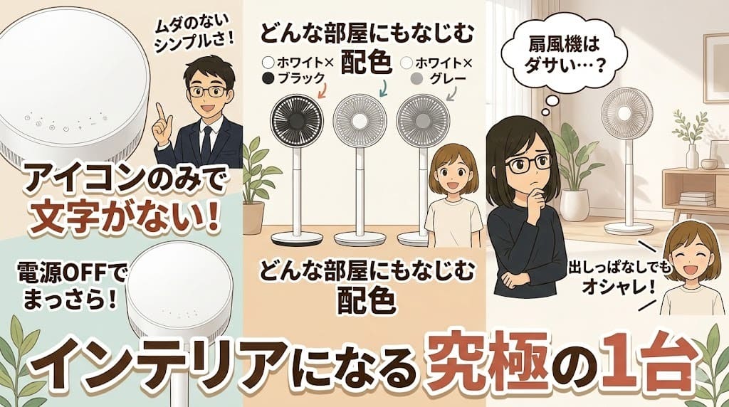 バルミューダGreenFanのシンプルなデザイン。アイコンのみで文字がなく、部屋になじむ。