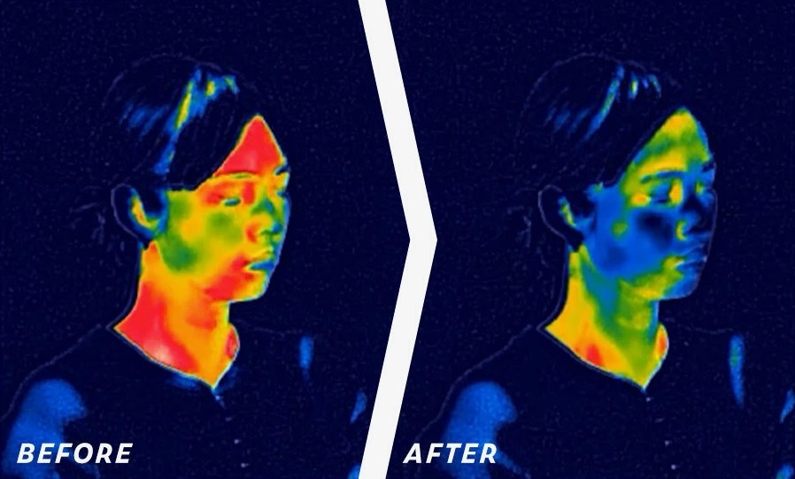 カドーハンディファン使用前後のサーモグラフィー比較。使用後は顔の熱が大幅に下がっている