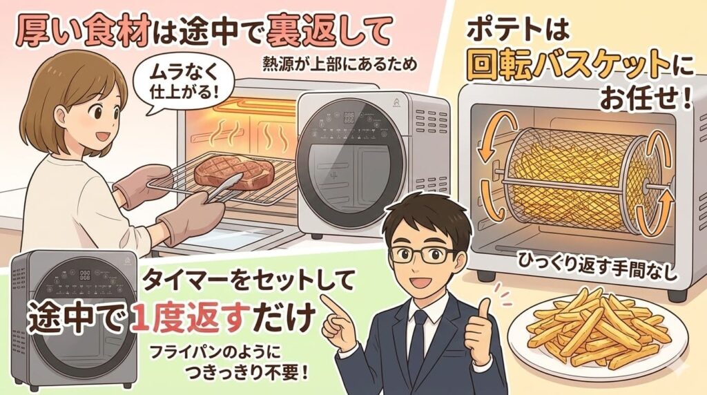 エペイオス ノンフライオーブンの調理コツ。厚い食材は裏返し、ポテトは回転バスケットで手間なし。