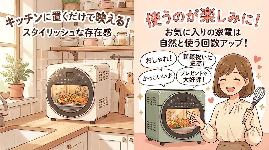 エペイオス ノンフライオーブンのスタイリッシュなキッチン設置と、新築祝い・プレゼントとして人気の様子のイラスト。