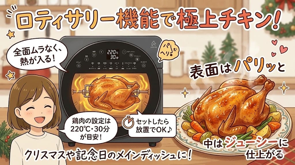 エペイオス ノンフライオーブンで焼く、全面ムラなし・パリッとジューシーなロティサリーチキンのイラスト。