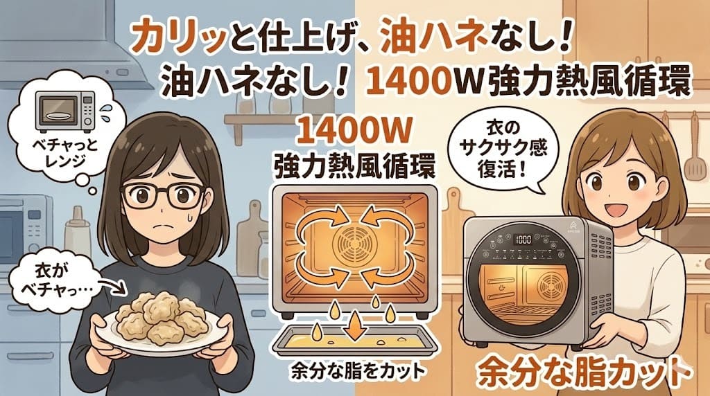 エペイオス ノンフライオーブンでサクサク唐揚げ温め。1400W熱風循環。脂カット。